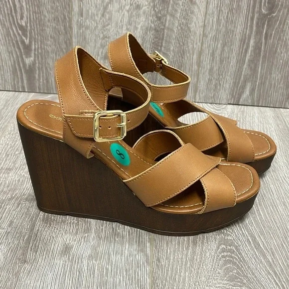 NEW Christian Di Riccio Made In Italy Leather Wedge Platform Sandals Cognac 39 - Picture 3 of 14
